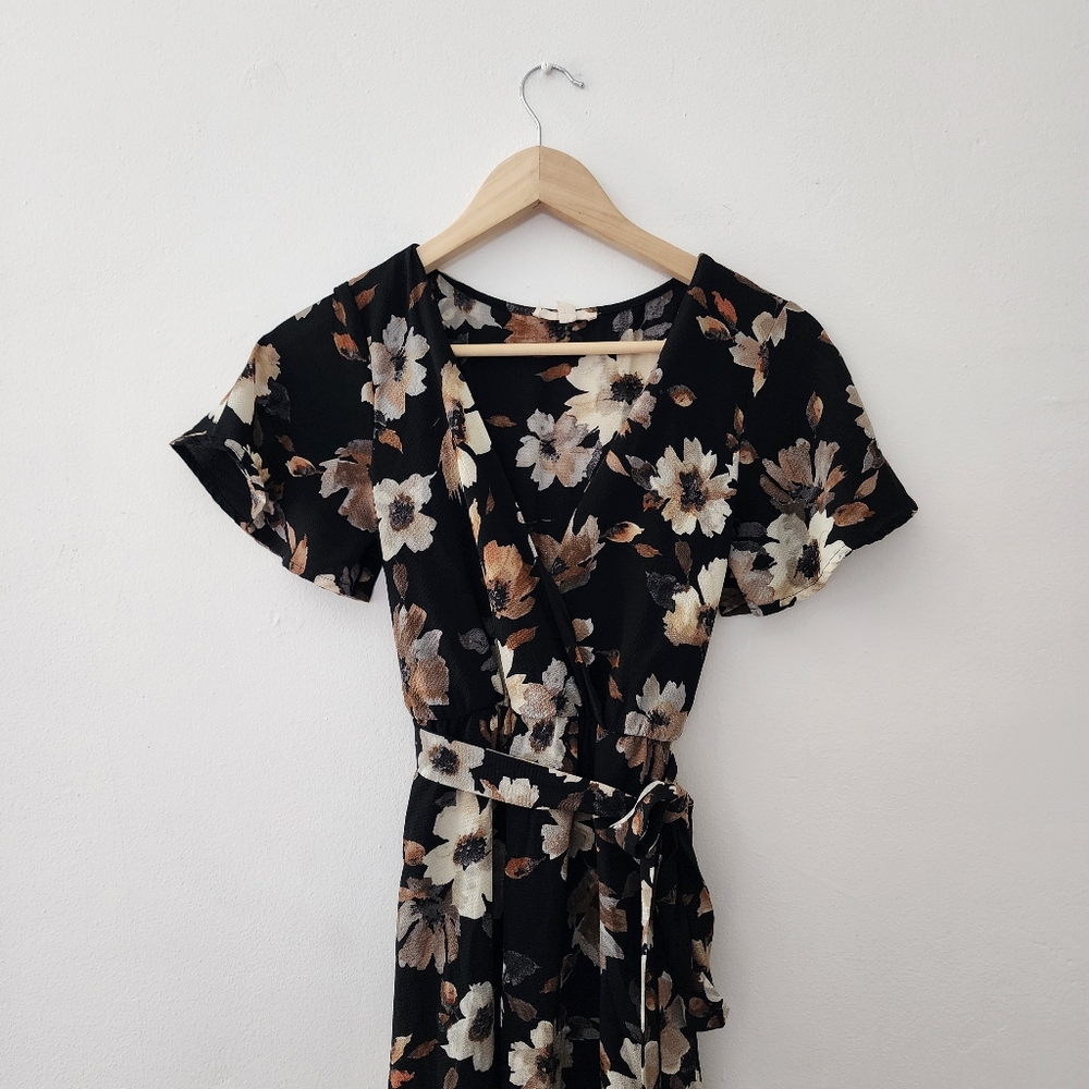 LAST CHANCE!! ILLA ILLA | Black Floral Faux Wrap Midi Dress Hi-Lo Style
